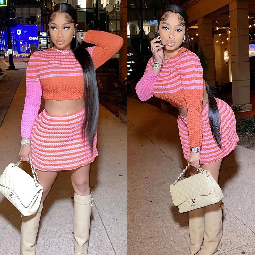 

Women's Clothing Casual Sexy Stripes Cinched Bodycon Two-Piece Set Long Sleeve O Neck Top Sweater & Knitted Mini Skirt