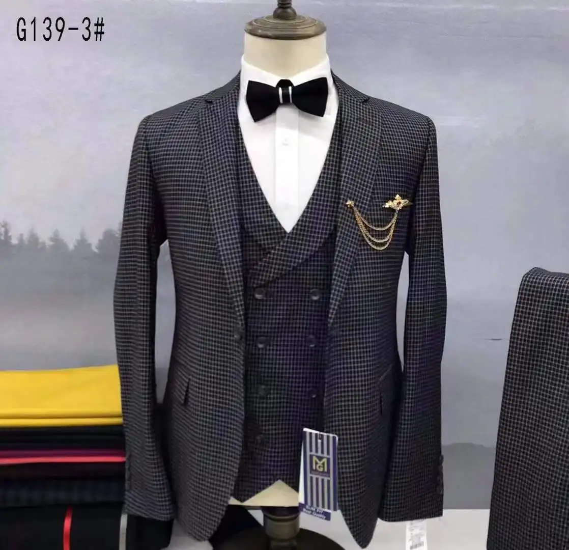 Men's Wool Suits Lattice Lapel Tweed Tuxedos Slim Fit Leisure Winter Coat Groomsmen Wedding Suits 3 pieces (Blazer+vest+Pants)