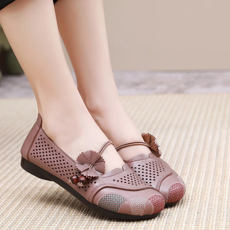Beads Mary Janes Shoes For Women Summer Flats Ladies Breathable Driving Shoes Woman Loafers Mom Low Heels Shoes Free Shipping
