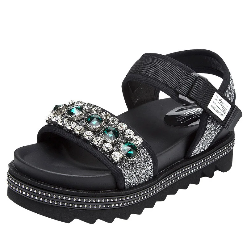

6cm Genuine Leather Wedge Sandals Platform Shoes Women Summer Rhinestone Luxury Buckle Strap Elegant Cute Beach Shoes