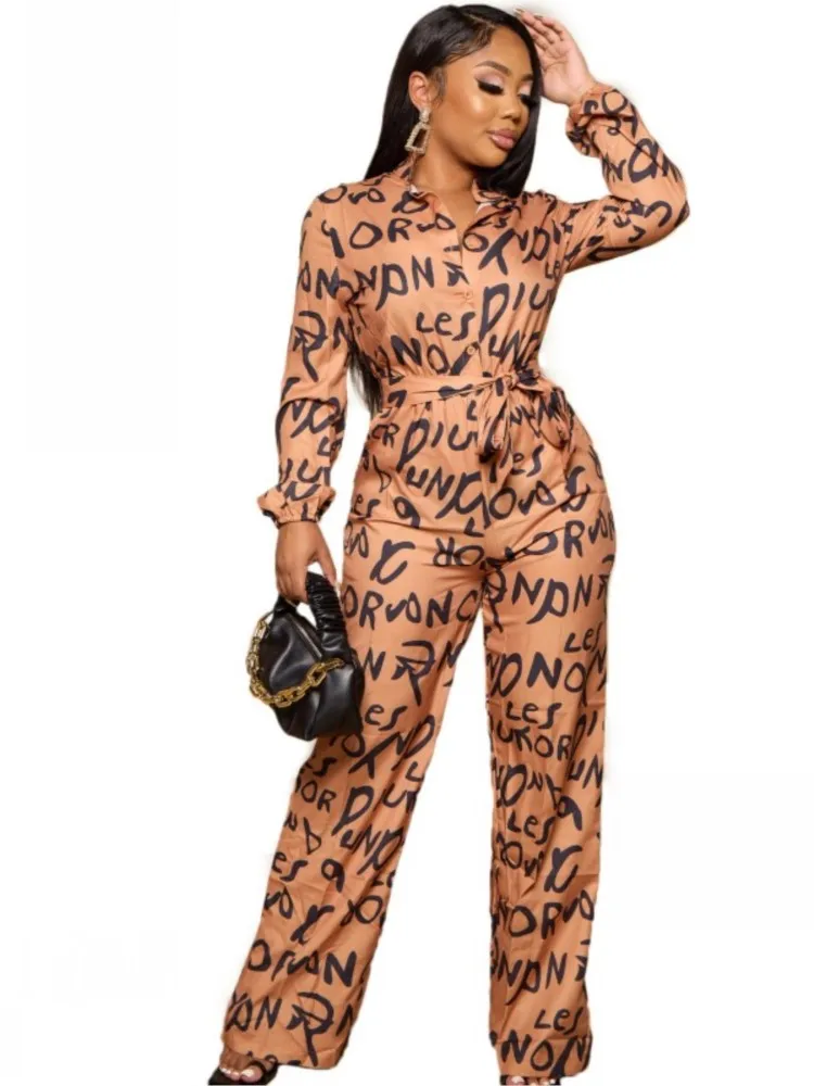 

African Jumpsuits Clothes Women Loose Wide Leg Pants Playsuits Autumn Fashion Letter Print Casual OL African Jumpsuit Overalls