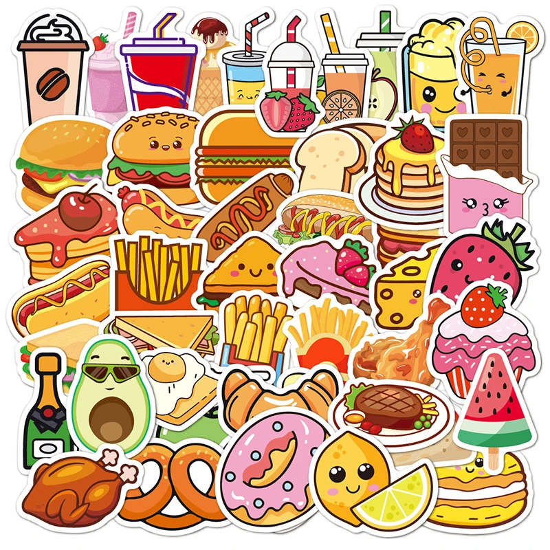 

50Pcs Cartoon Food Stickers Burger Fries Delicacy Graffiti Sticker Luggage Laptop Skateboard Decal Waterproof Sticker