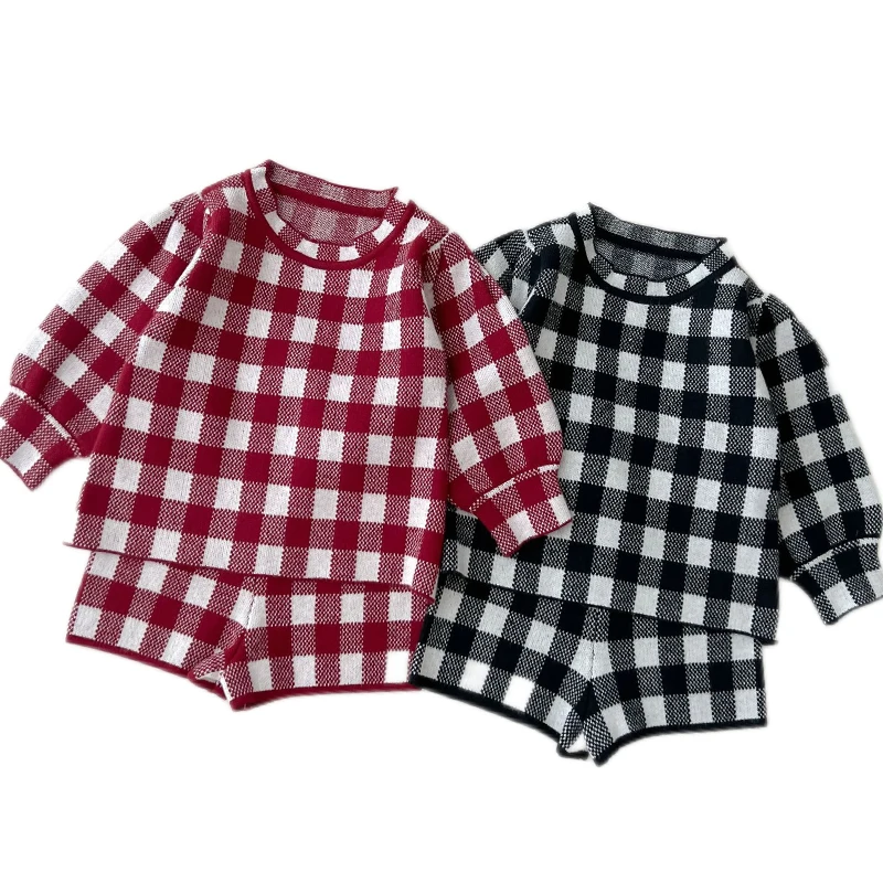 

2022 вязаный костюм для маленьких девочек, фиолетовый осенний вязаный костюм для младенцев, воротник с вышивкой «Лотос» + кружевные брюки, комплект из двух предметов