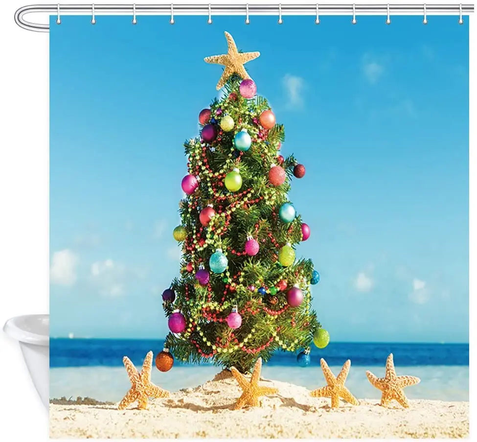 

Christmas Fabric Shower Curtain Christmas Tree and Starfish on The Beach Shower Curtain with Hooks Bathroom Curtains
