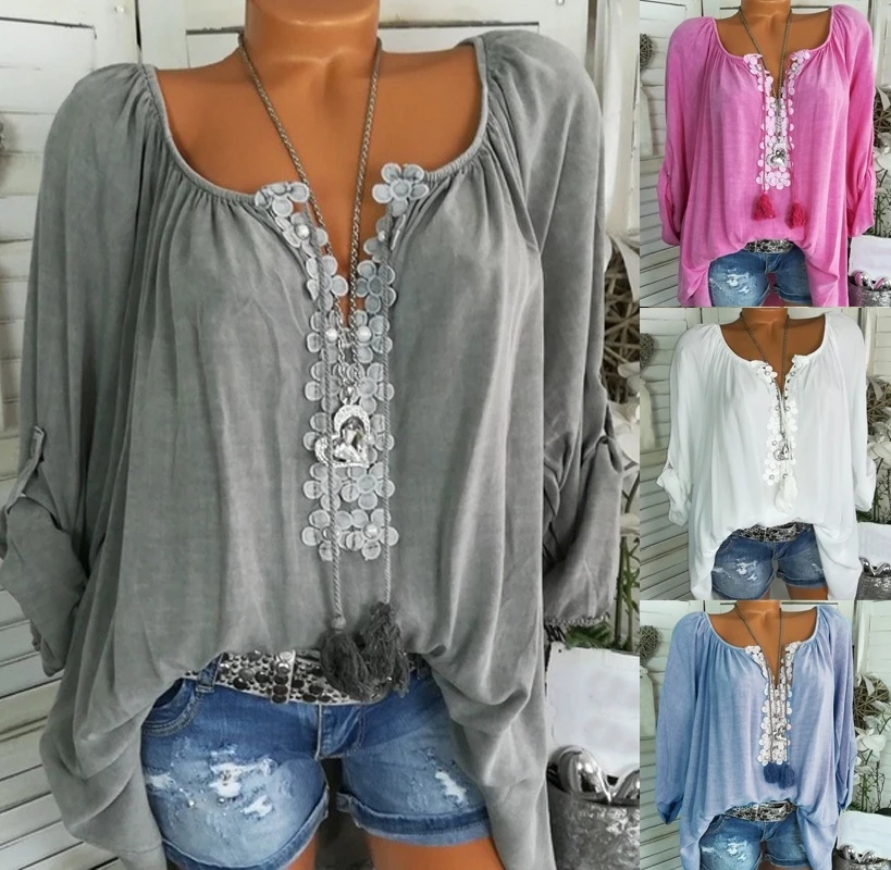 

2022 Summer Women Fashion New Long Sleeve V-Neck Women Blouse Long Sleeves Lace V-neck Loose Casual Tops