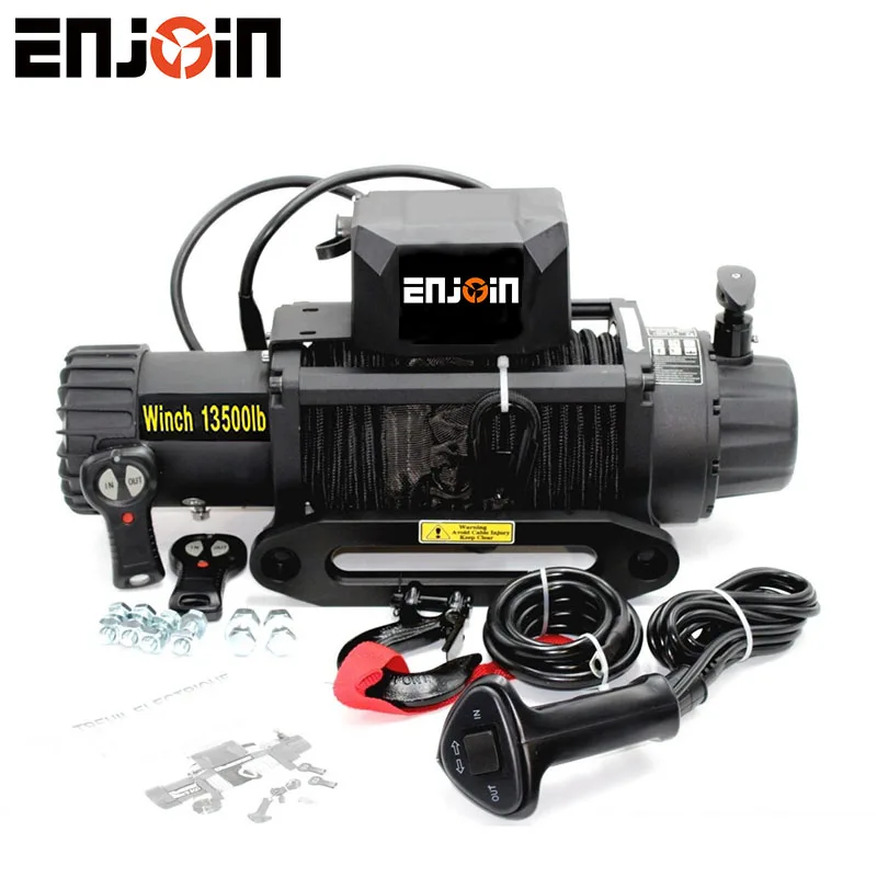 ENJOIN Carbon Series 12V Synthetic Rope Electric Winch 13500lb Load Capacity For Off Road