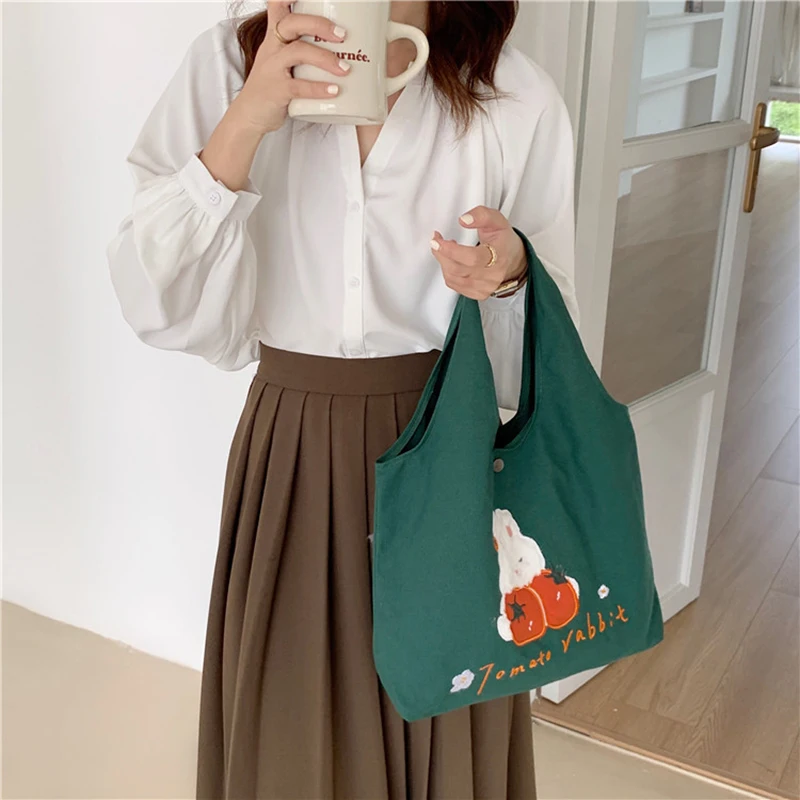 Green Shoulder Bag for Women Bunny Embroidery Large Capacity Canvas Tote Handbags Korean Fashion Cute Shopping Bags Female MO507