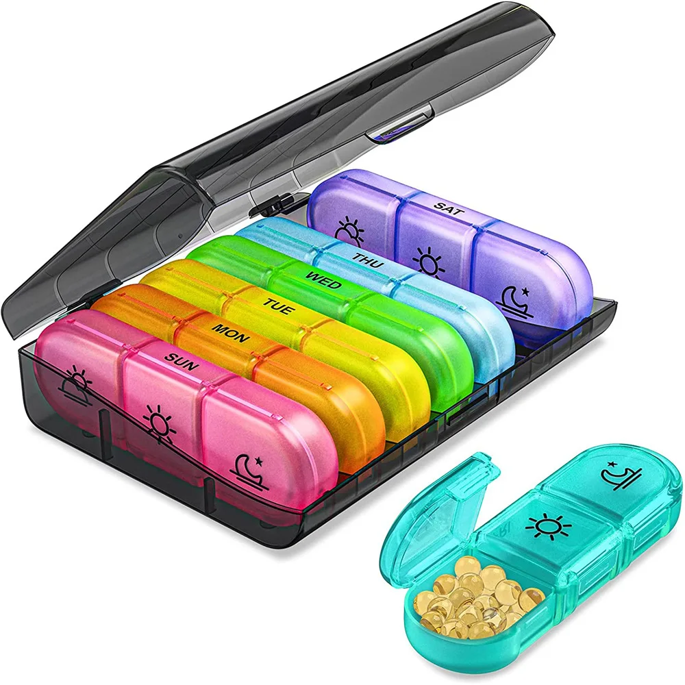 Pill Box 7 Days Organizer 21 Grids 3 Times One Day Portable Travel with Large Compartments for Vitamins Medicine Fish Oils Box