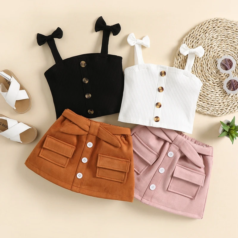

2PCS Toddler Girls Summer Clothes, Bow Strap Ribbed Knit Tank Tops + Belted Skirt Set