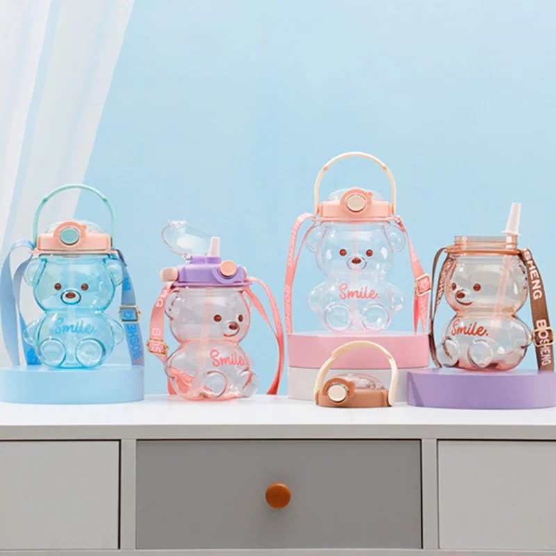 

1000/1400ml Kawaii Bear Plastic Water Bottle With Straw Large Capacity Milk Bubble Tea Cup Cute Girls Outdoor Drink Water Bottle