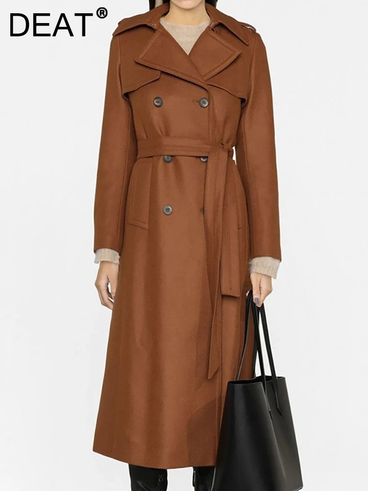 

DEAT Fashion Women's Woolen Coat Lapel Loose Double Breasted Full Sleeve Fake 2 Pcs Belt Overcoat Female Winter 2023 New 17A5384