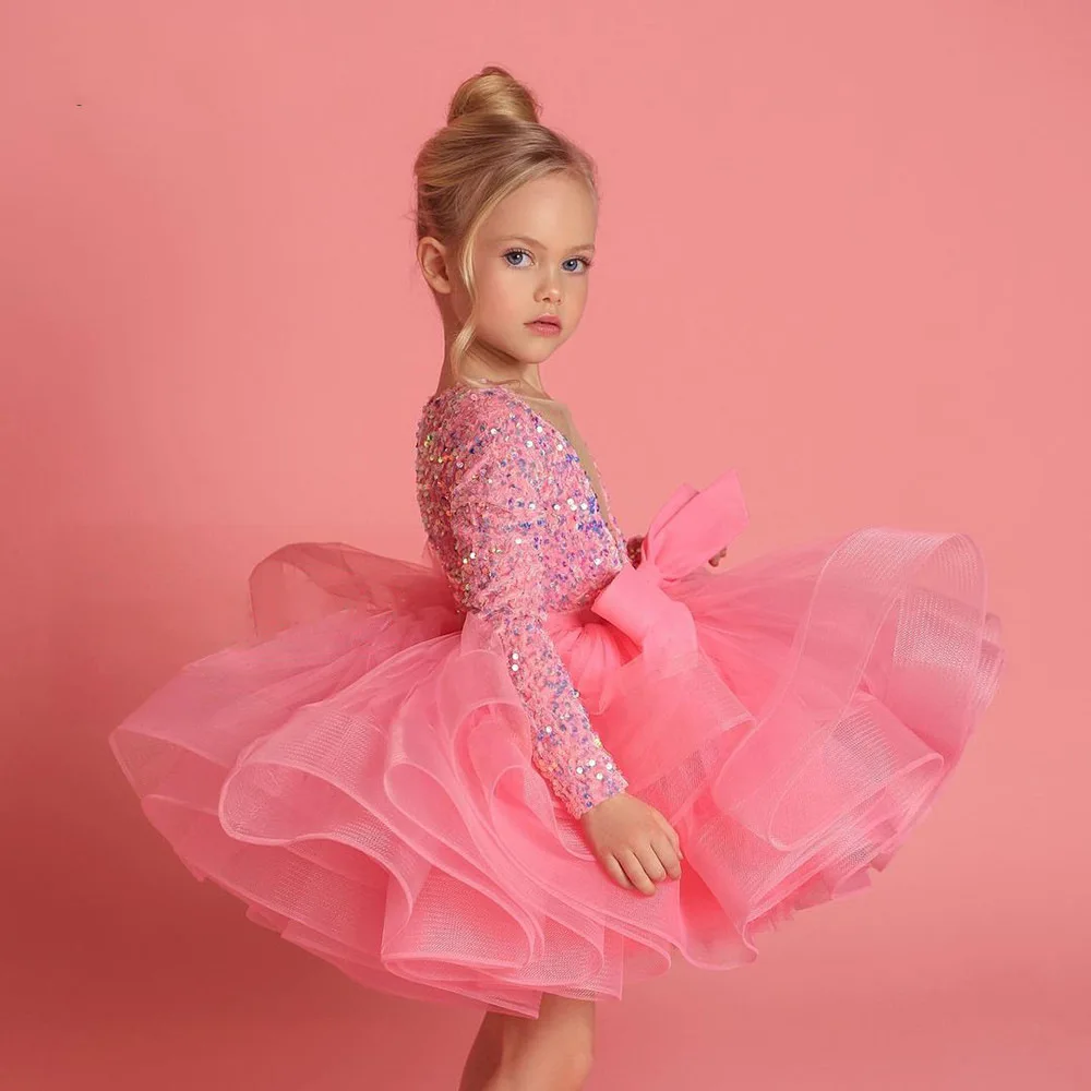 

Baby Girls Fashion V Neck Party Ball Gowns Elegant Layers Puffy Princess Dresses Kids Girl Shiny Sequins Birthday Frocks y147
