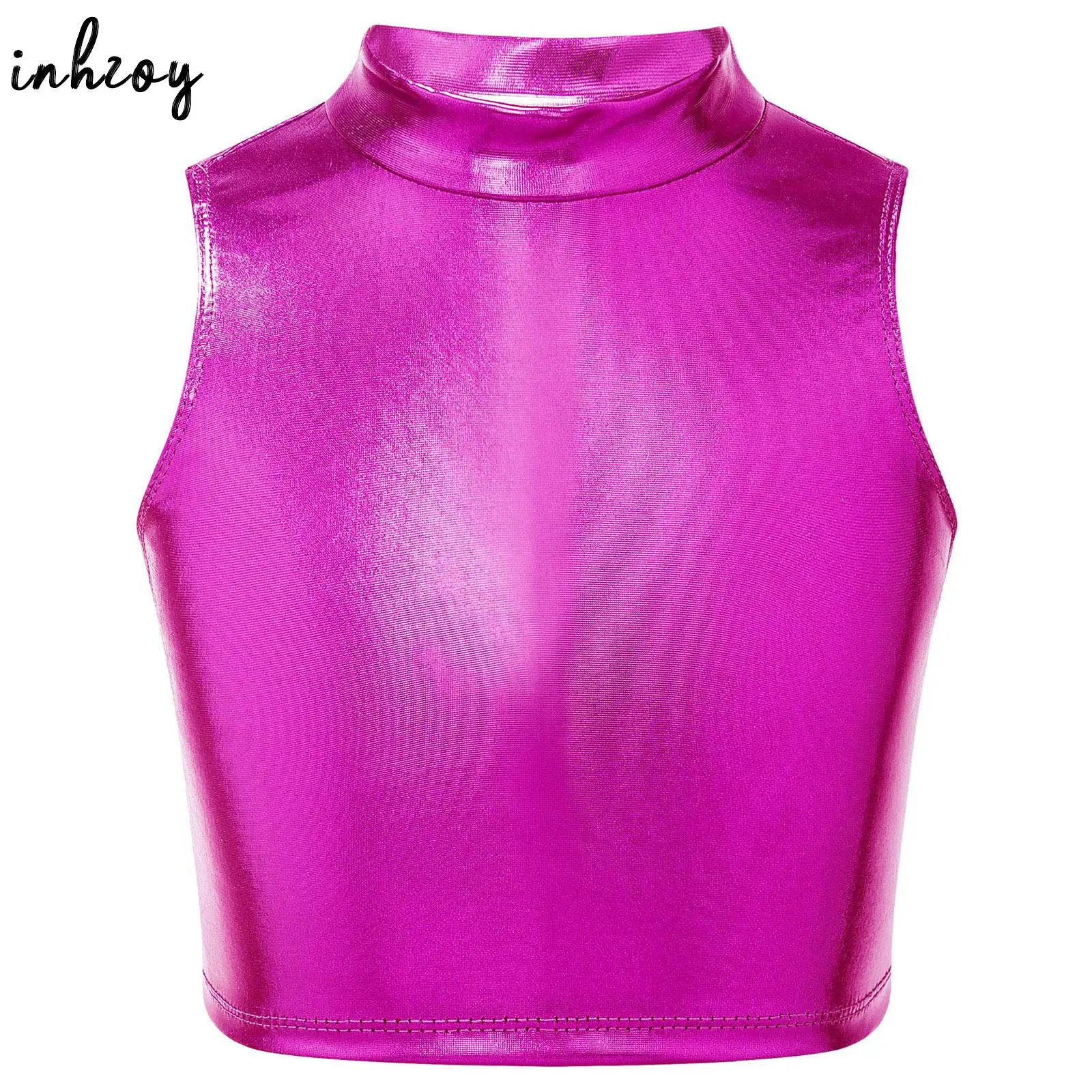 

Girls Glossy Metallic Dance Vest Crop Top Sleeveless Turtleneck Active Tank Tops Ballet Gymnastics Dancewear Rave Party Outfit