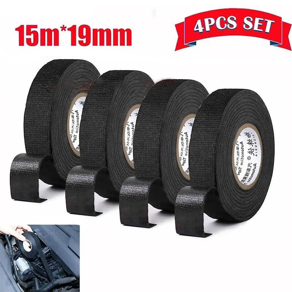 

4Pcs 15m 19mm Black Velvet Wiring Bundle Flame Retardant Adhesive Fabric Cloth Wiring Loom Electrical Harness Tape O8J5