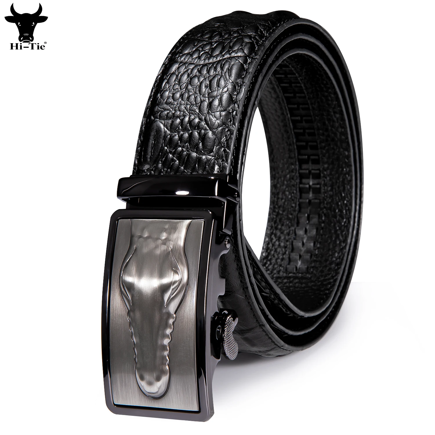 Hi-Tie Automatic Buckles Mens Belts Black Crocodile Pattern Leather Ratchet Vintage Waistband Belt for Men Jeans Dress Cowboy XL
