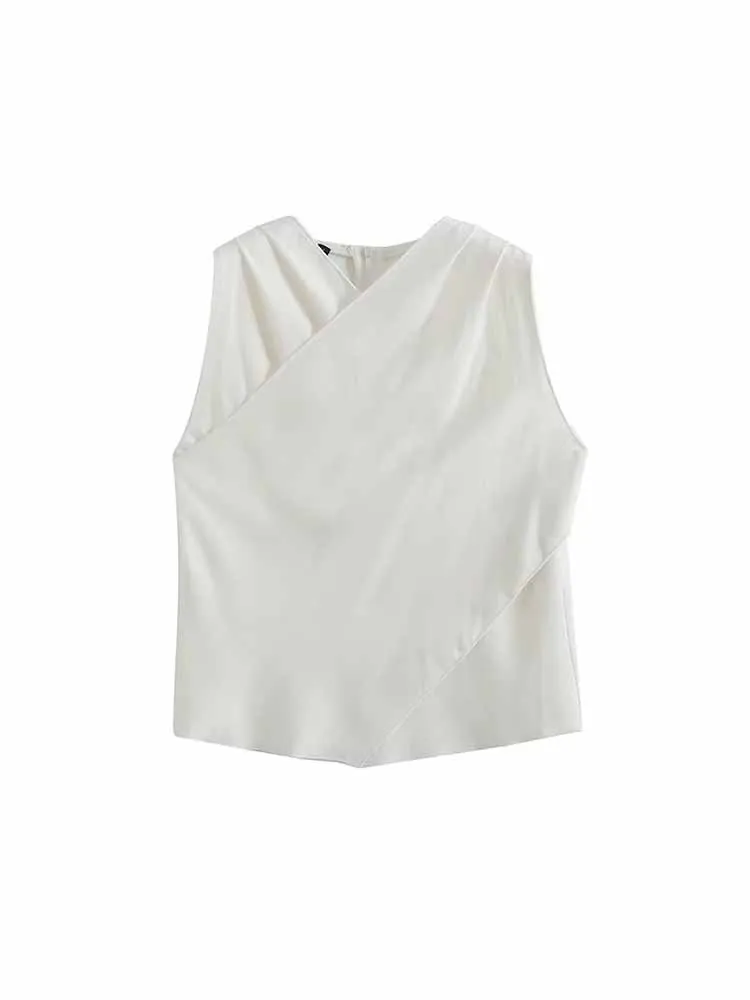 

Women 2023 New Fashion Crossover design Linen blended Casual Blouses Vintage sleeveless back Zipper Female Shirts Chic Tops