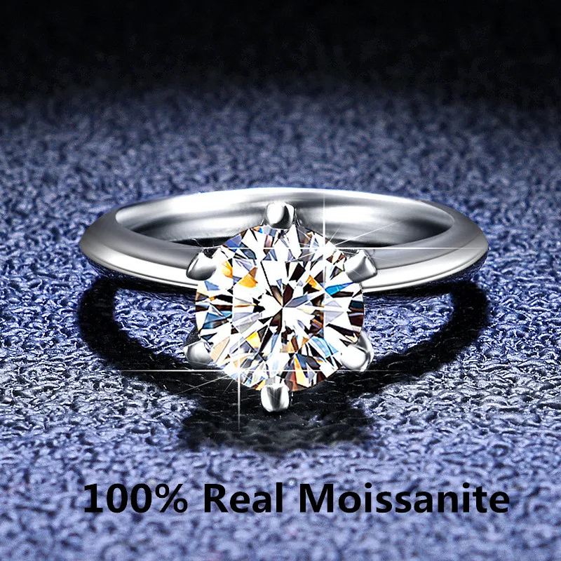 

925 Sterling Silver Solid Wedding Ring 6 Prong 0.5- 2CT Moissanite Diamond Engagement Rings For Women Promise Gift Fine Jewelry