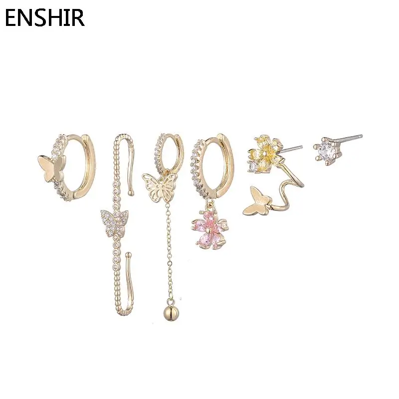 

ENSHIR циркониевая бабочка цветок Комплект сережек для женщин блестящие 6 штук серьги-обручи клипсы Huggie оптовая продажа