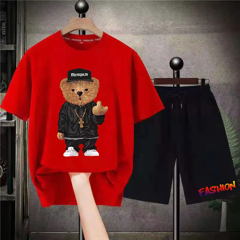 Summer Men Sets High Quality T Shirt Shorts 2 Pieces Outfits Fashion Luxury Man Clothing Solid Color Printed Bear Tracksuit