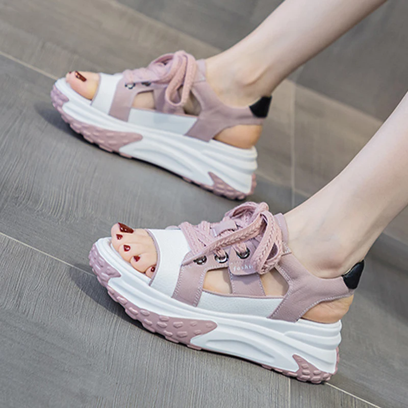 Peep Toe Genuine Leather Comfy Hollow Sandals Breathable Shoes Chunky Sneakers Spring Summer Platform Wedge Women Shoes