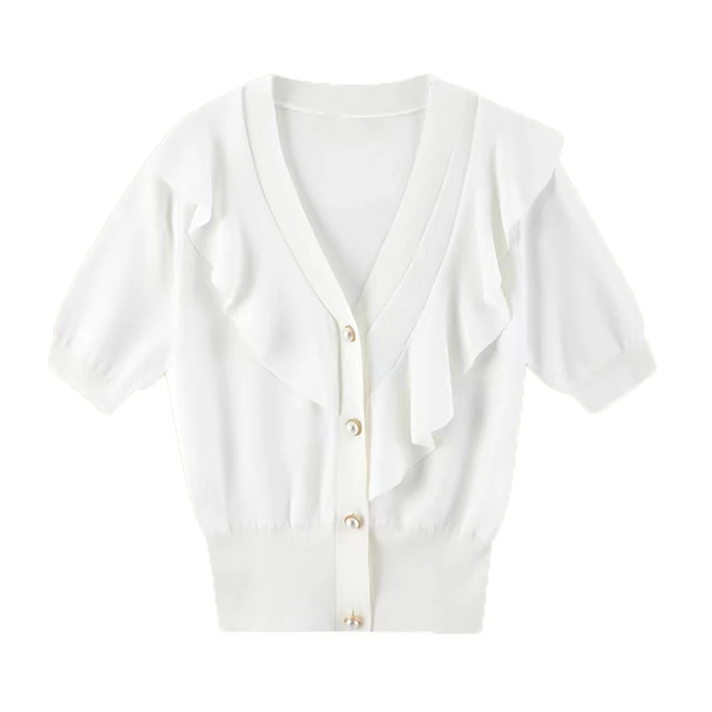 

Свитер женский с оборками и V-образным вырезом, кардиган оверсайз с коротким рукавом, Высокоэластичный вязаный модный винтажный Милая одежд...