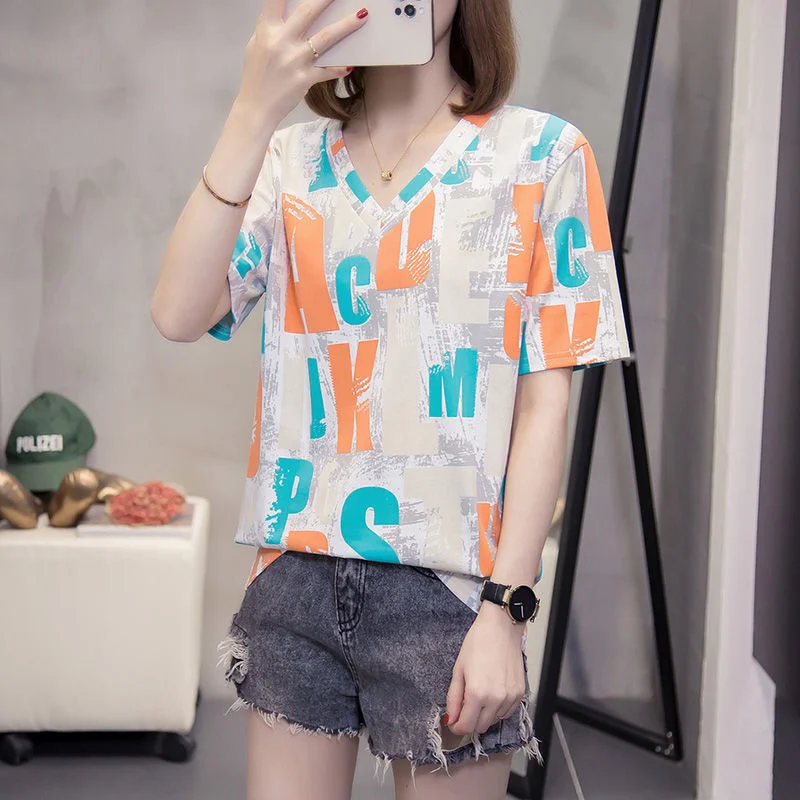 Футболка женская оверсайз с V-образным вырезом базовая Повседневная Свободная