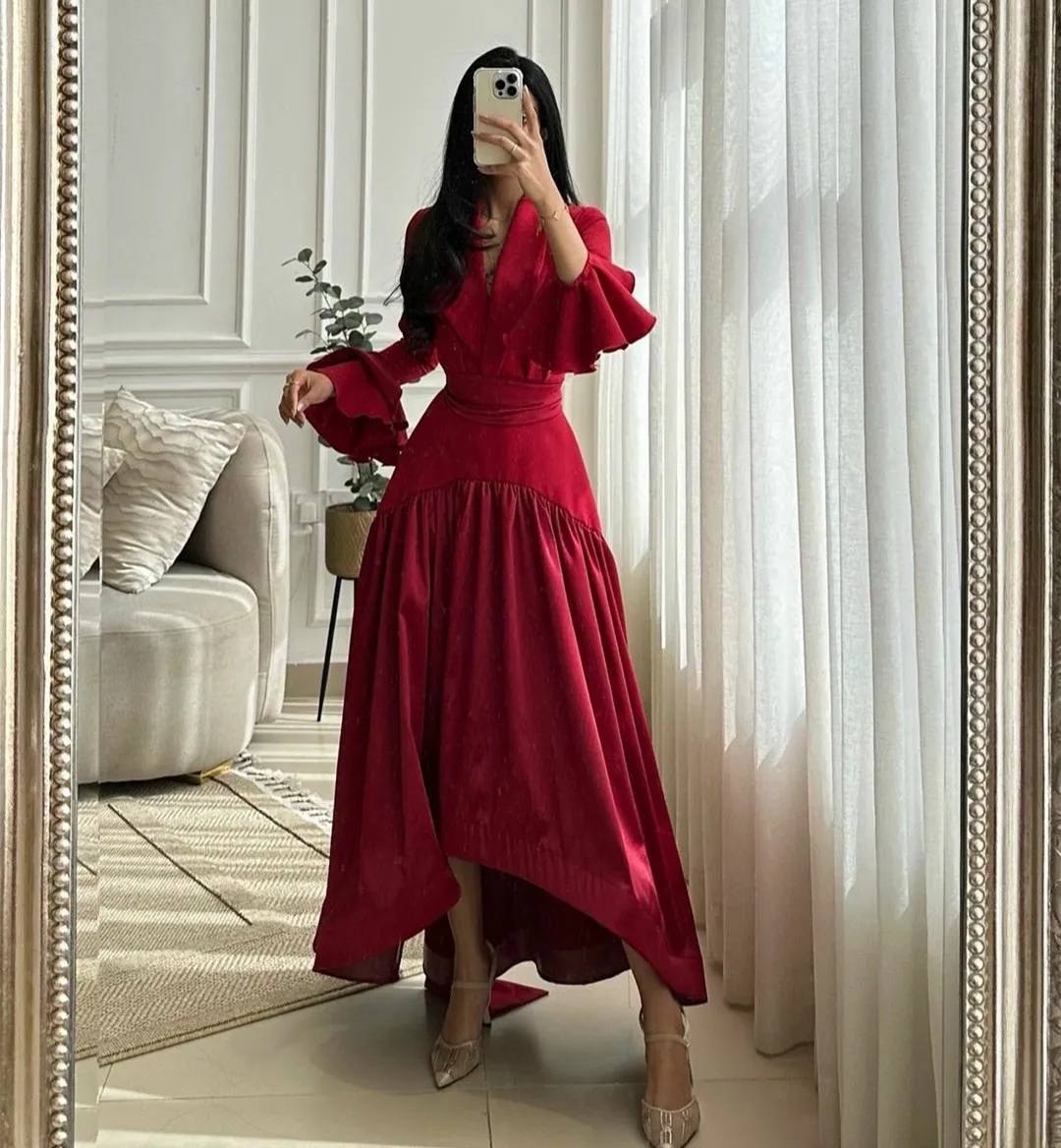 

Винтажные Длинные Бордовые вечерние платья с V-образным вырезом и карманами, а-силуэт, плиссированные платья до щиколотки с молнией и фатиновым принтом, платья для выпускного вечера для женщин