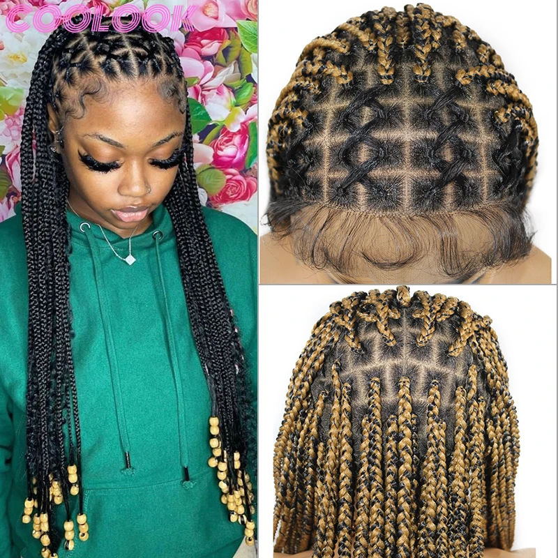 blond full lace box braid lace front wigs ombre long braided 360 full lace frontal wig synthetic Crisscross knotless braids wig