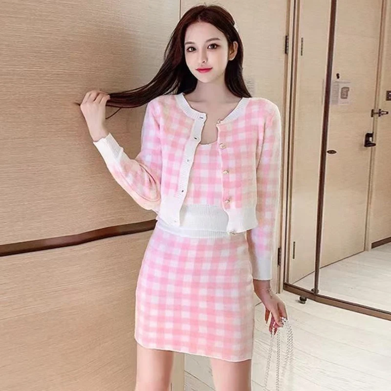 Women Sweet Plaid Sweater 3 Peice Suits 2023 Korean Fashion Round Neck Cardigans +V-Neck Vest+Mini Skirt Knitted Outfits