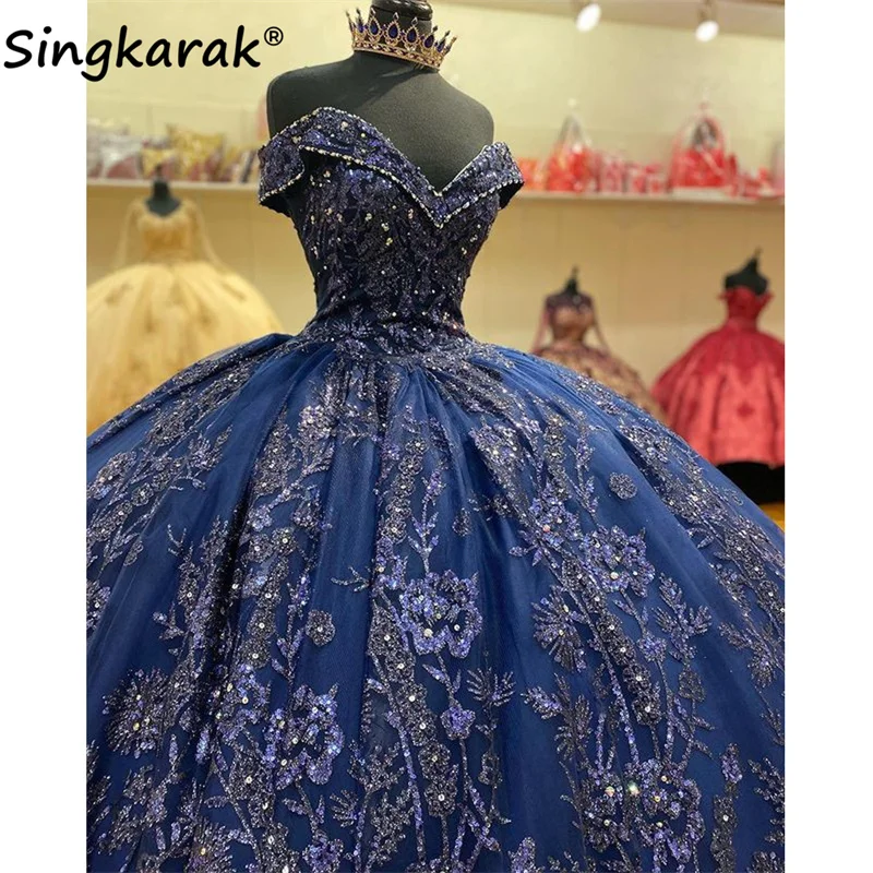 

New Arrival Navy Blue Quinceanera Dresses 2022 Off Shoulder Ball Gown Sweet 16 Dress Beads Appliques Sequins Birthday Party