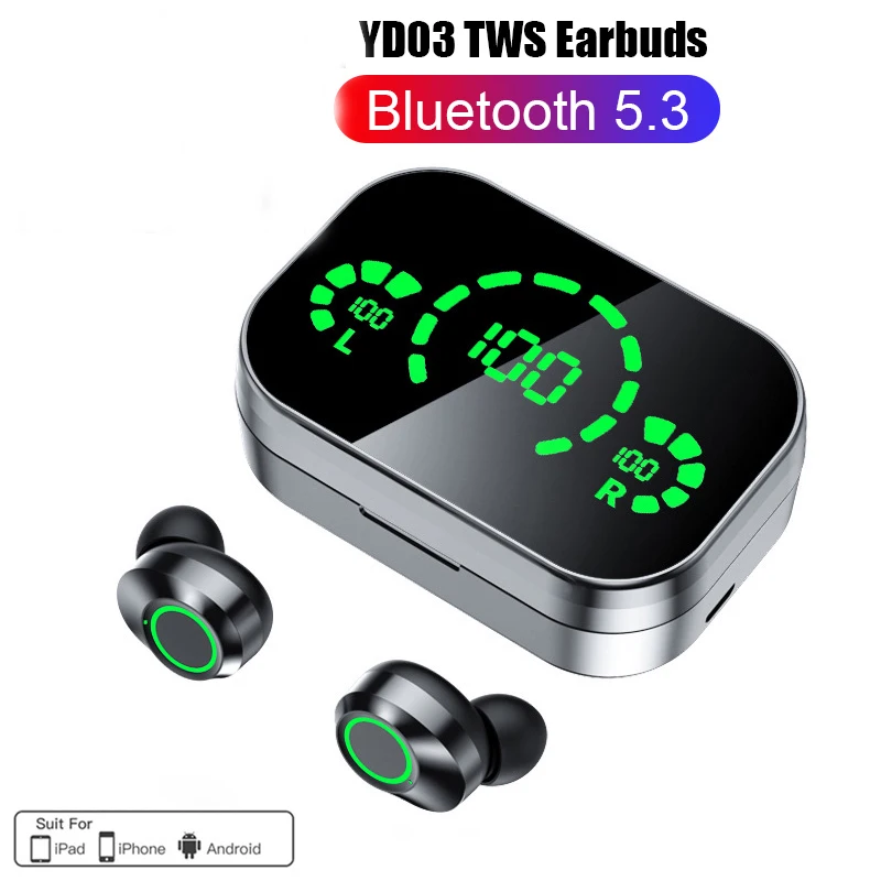 NEW YD03 TWS Wireless Bluetooth Headset with Mic Earbuds 3000Mah Charger Box LED Fone Bluetooth Earphones Wireless Headphones