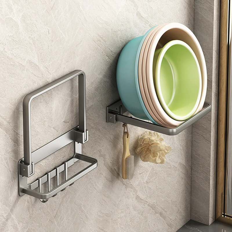 

Stainless Steel Bathroom Organizer Shelf, Punch Free Towel Holder Foldable Wash Basin Rack Shelves, Kitchen Bathroom Accessories