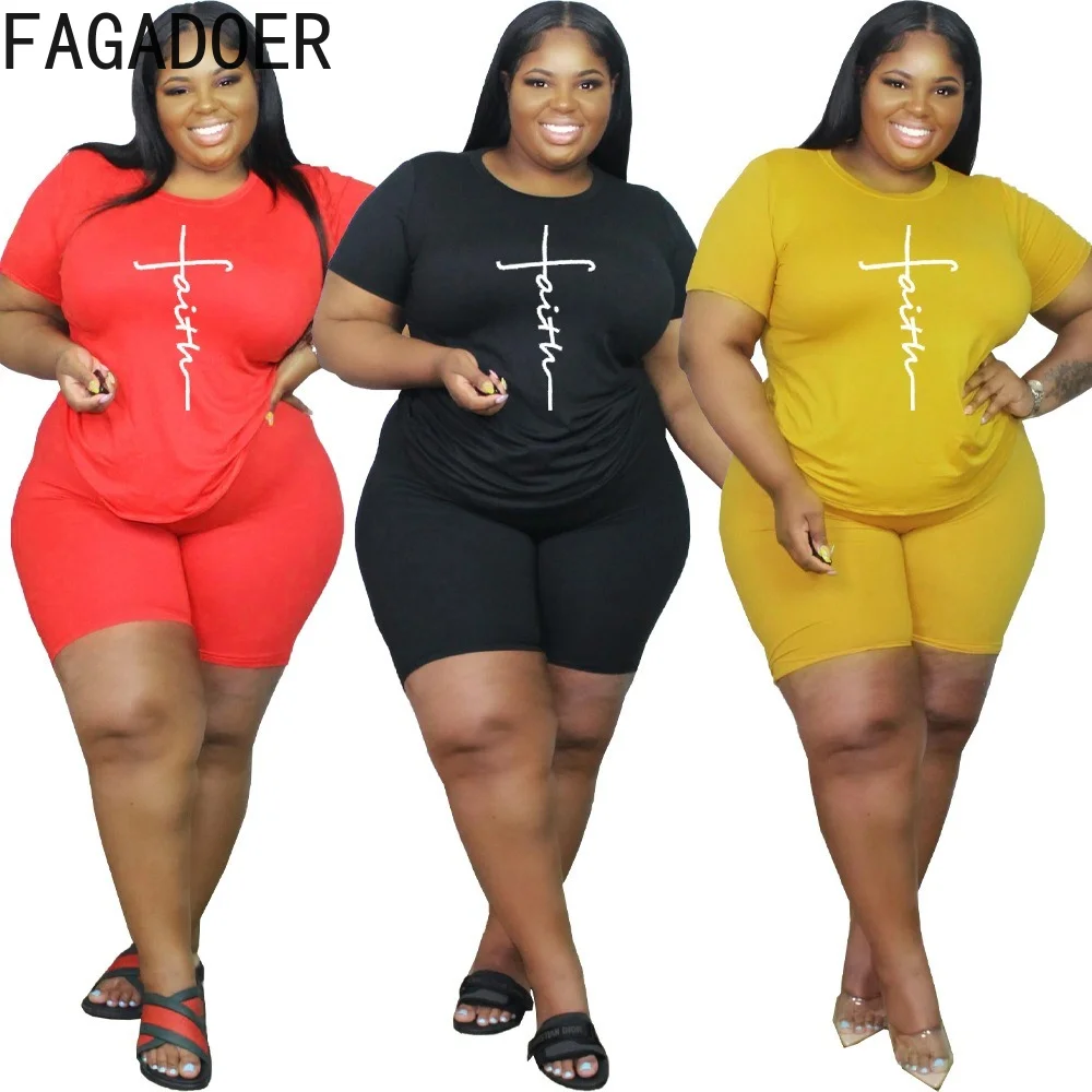 FAGADOER Casual Solid Plus Size Two Piece Set XL-5XL Women Round Neck Print Top + Biker Shorts Tracksuit Female Sport 2pcs Suits