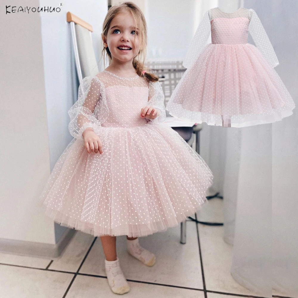 

KEAIYOUHUO Spring Girls Princess Dress Dot Mesh Bow Children Luxury Party Dress Kids Birthday Evening Vestidos Ball Gown 4-10Y