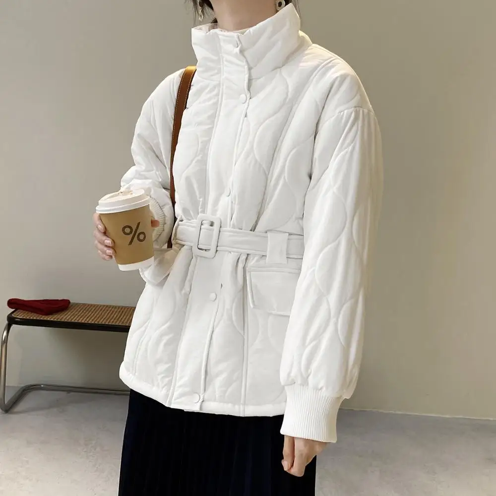2021 Women Winter Warm Thickened Cotas Stand Collar Loose Jacket Solid New Fashion Color Long-sleeved Cotton Padded Parkas White