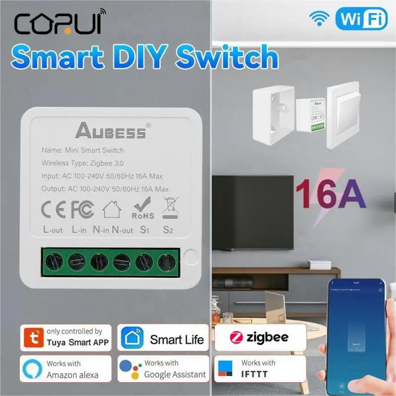 

CORUI Tuya WiFi Zigbee Smart Switch 16A Mini 2 Way Control Wireless Switches Smart Life Google Home Alexa Smart Home Automation