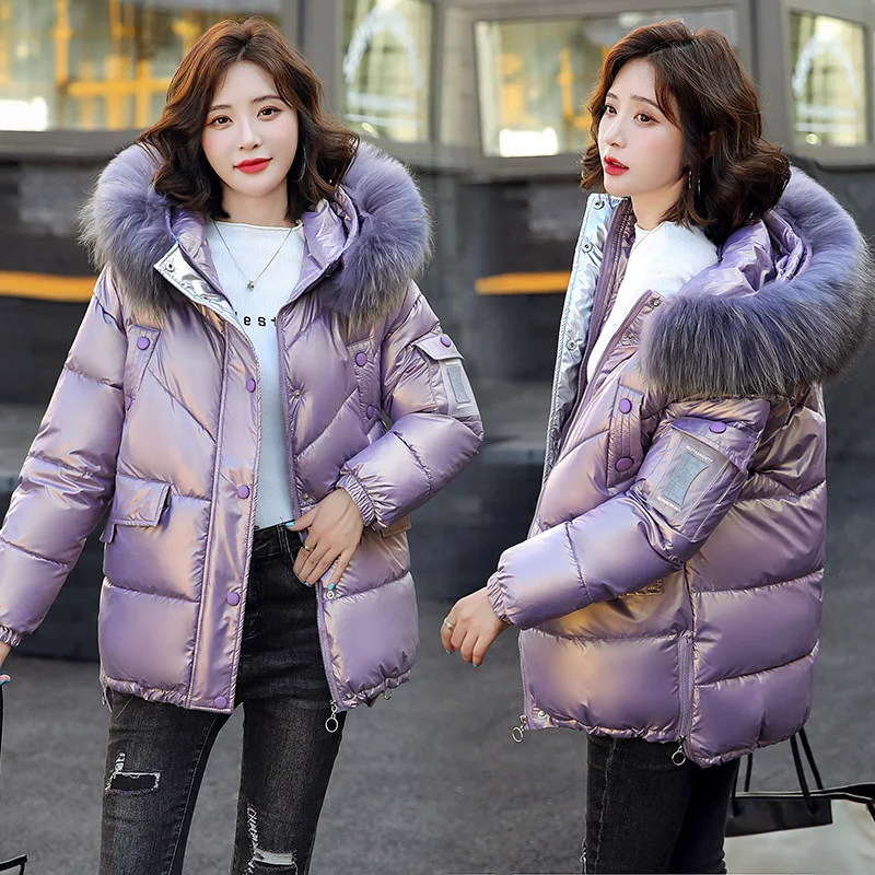 Winter New Women Hooded Down Jacket Fashion Design Plus Velvet Warm Padded Jacket Casual Loose Solid Color Big Fur Collar Coats