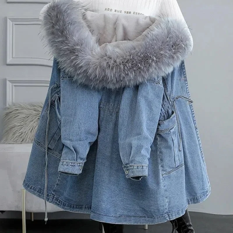 Women Parkas Winter Jacket 2022 New Warm Thick Denim Jacket Korean Loose Fur Collar Hooded Long Parka Female Jeans Coats Outwear