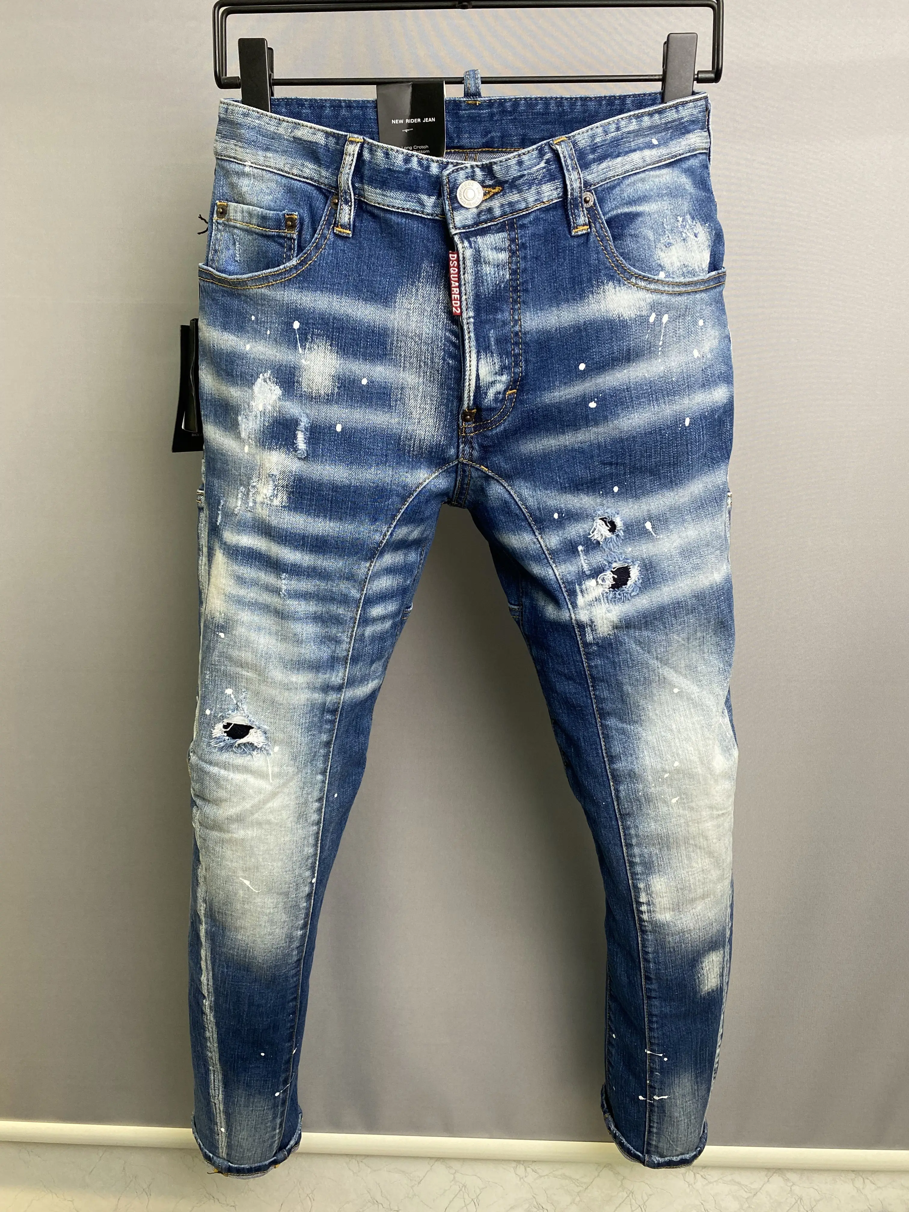 

22 Hot Sale Denim Pants Men's d2 Three dimensional Splice Full Stain Slim Fit Small Feet Casual Zipper Patch A511
