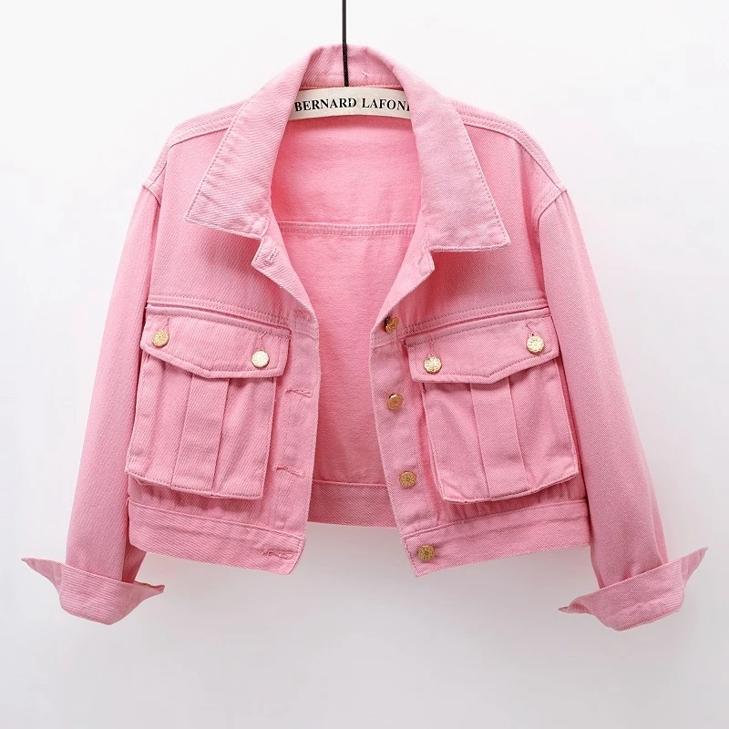 

Fashion Pink Denim Jacket Women Spring Autumn New Korean Slim Short Cowboy Outerwear Big Pocket Long Sleeve Jeans Jackets Female