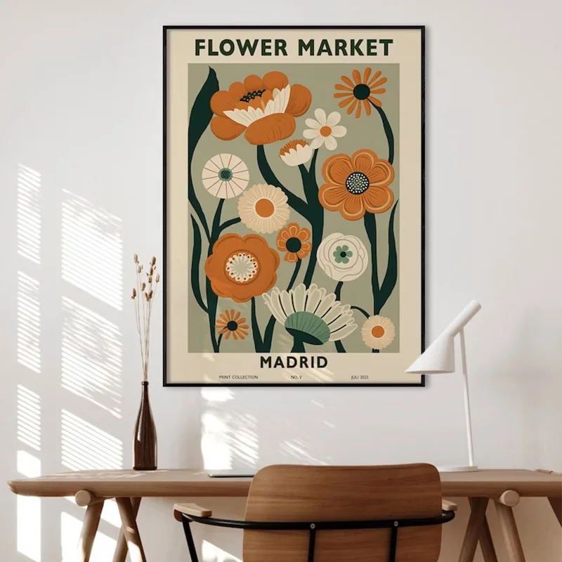 Ретро цветочный рынок Белые маки Берлин Мадрид выставка растения постер холст