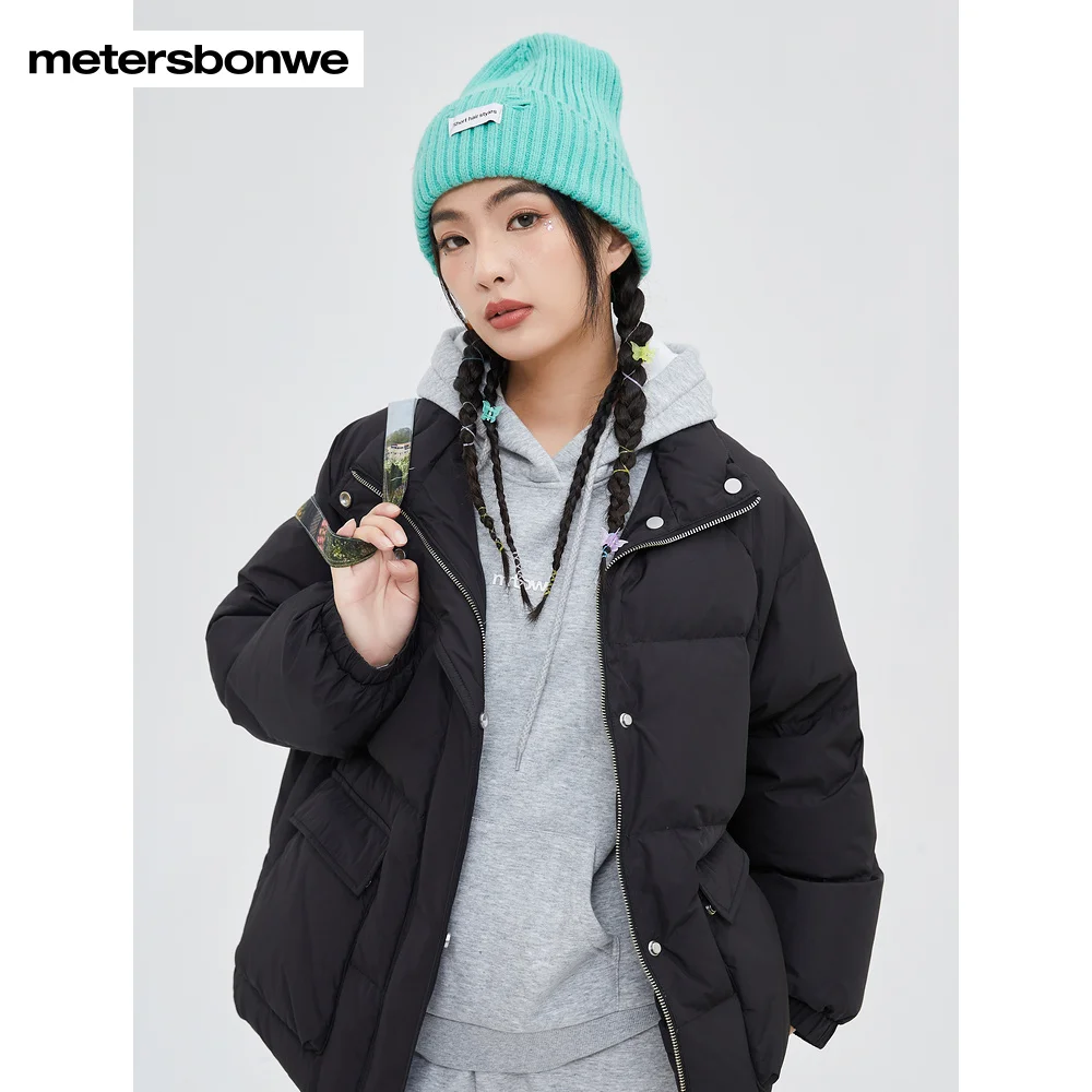 Metersbonwe Women's 22New Winter Loose Stand Collar Down Jacket 80%Duck Down Short Thick Warm Wear Large Pocket Outwear