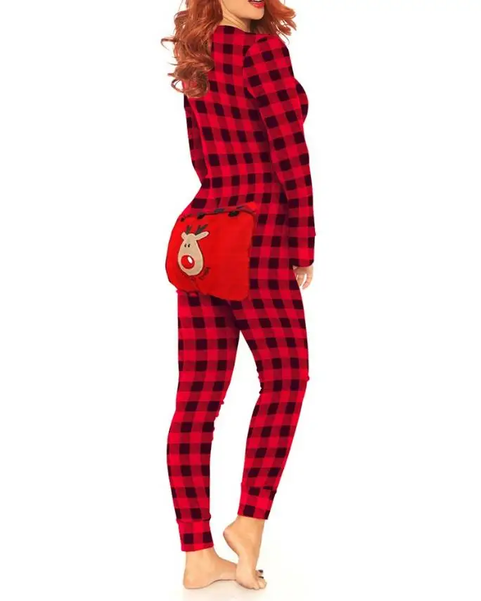 

Christmas Women's Jumpsuit Plaid Print Function Button Flaps Adult Pajamas V-Neck Tight Long Sleeve Top Pencil Pants Home Suit