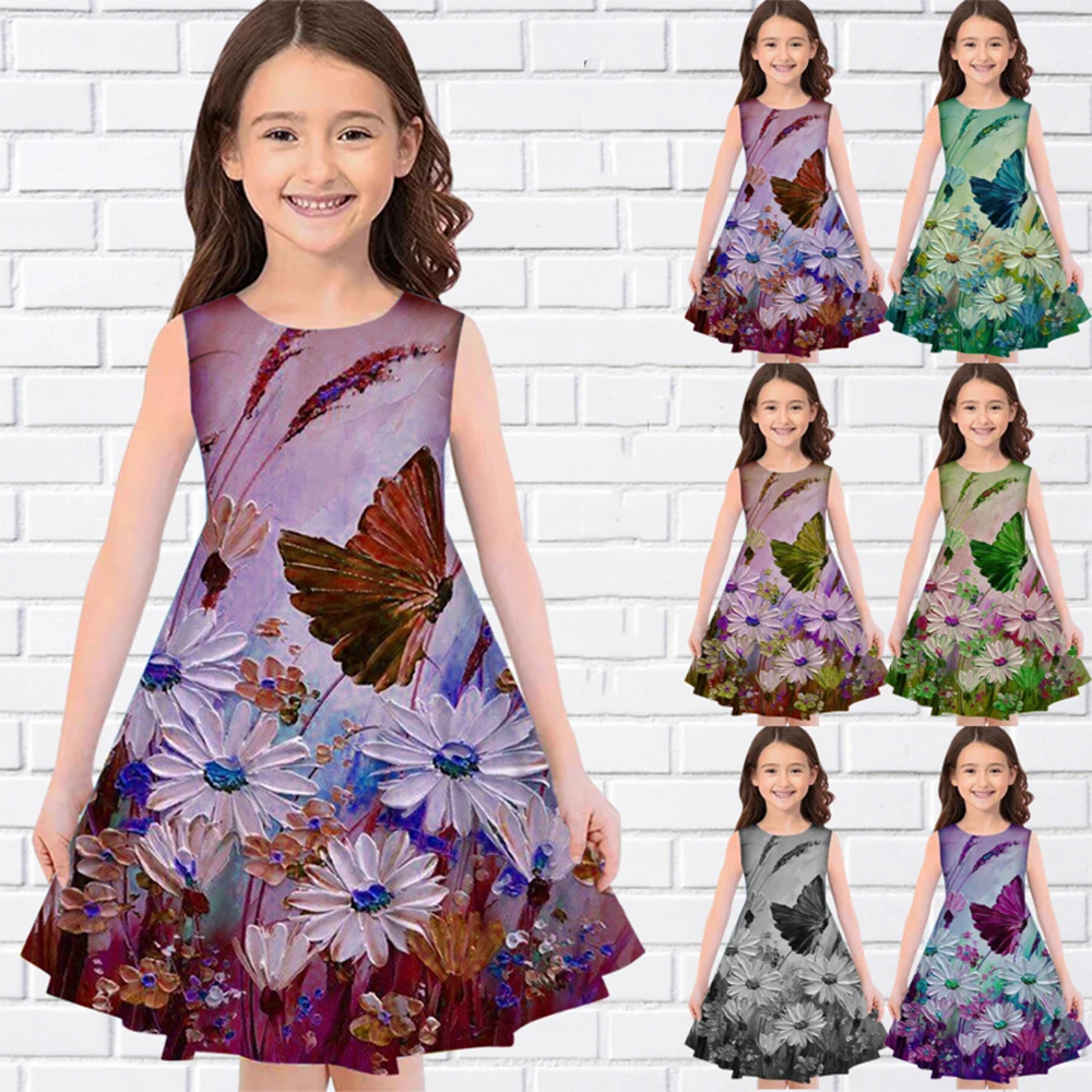 

Vintage Oil Painting Flower Print Summer Sleeveless Luxury Girl Dresses Casual O-Neck Long Dresses Fashion Girls Dresses For Eid