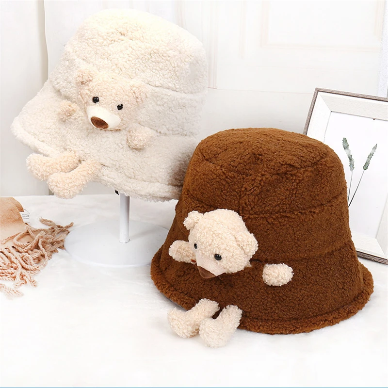 Женская зимняя пушистая плюшевая теплая Панама милая 3D мягкая Мишка с широкими