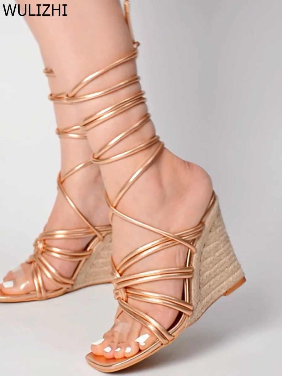 Colorful Striped Rope Wedge Espadarille Square Cross Pvc Gold Sandals Hollow Lace Open Slingback Heels Concise Gladiator Shoes