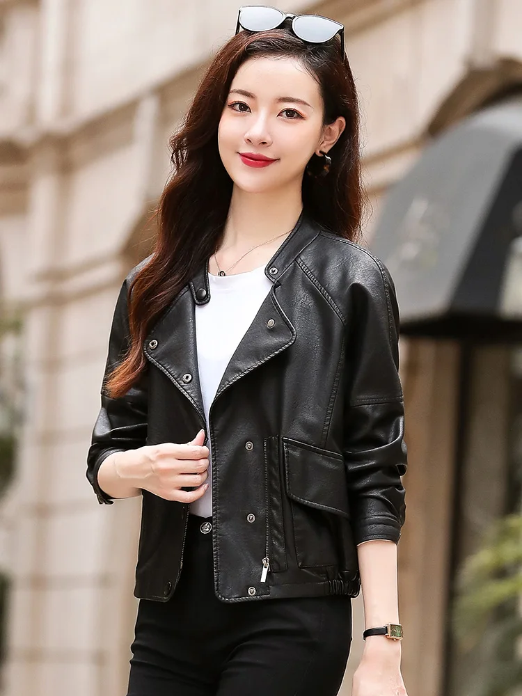 New Women Casual Leather Jacket Spring Autumn 2022 Fashion Stand Collar Zipper Short Sheepskin Coat Loose Moto&Biker Jacket