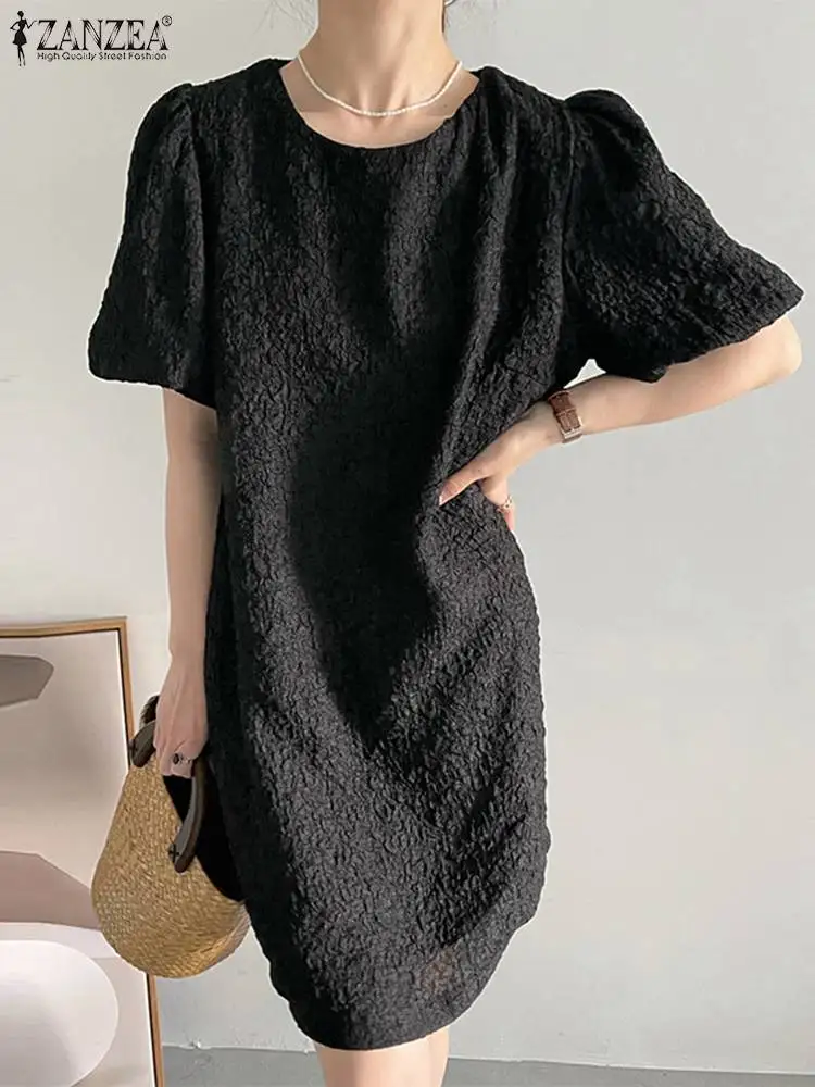

ZANZEA Oversized Women Fashion Dress Solid Color O-Neck Half Sleeve Buttons Shirtdress Femme Holiday Casual Vintage Sundress