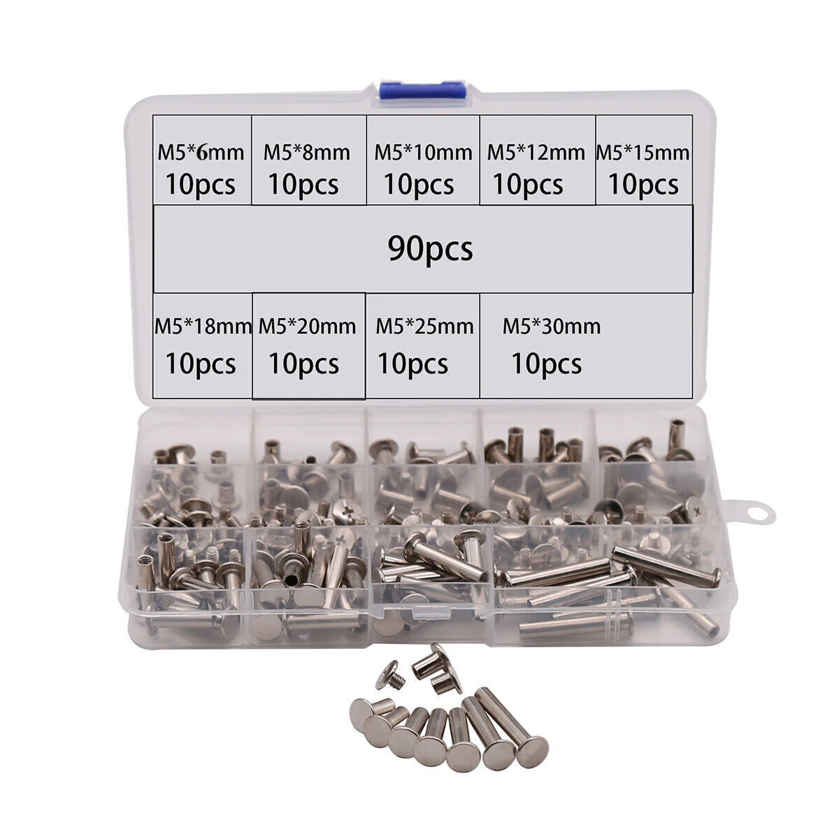 

90PCS/Set M5 Nickel Plated Chicago Screws Assortment Kits Account Picture Book Butt Screws Snap Rivets Blinding Nails Assort Set