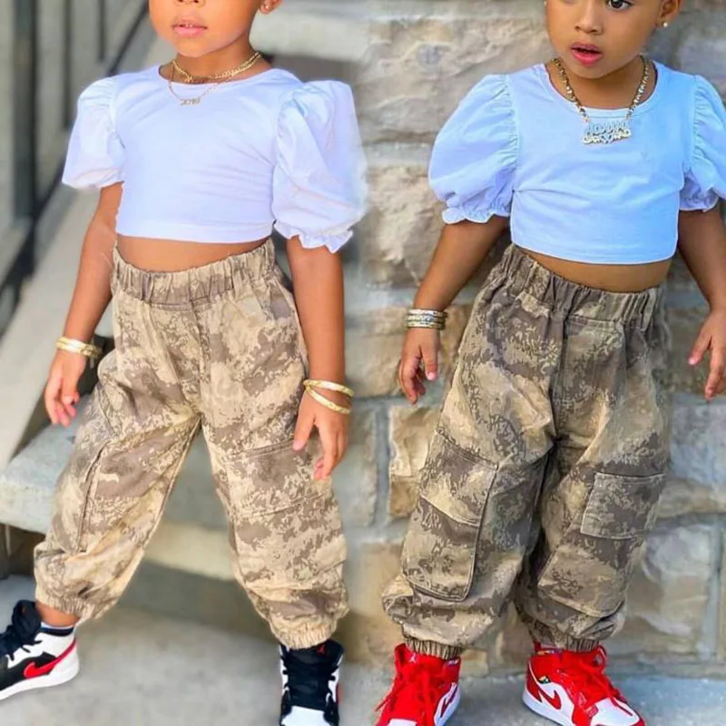 

Ins Children's Fashion Set Puff Sleeve Round Neck Top + Camouflage Trousers Set Casual kids T-Shirt Long Pants